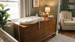 A modern neutral dresser for a nursery changing-table combo styled with woven baskets and a contoured changing pad.