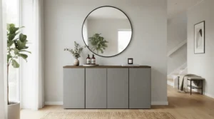 A soft gray modern dresser for minimalist bedroom decor beneath a large round minimalist wall mirror.