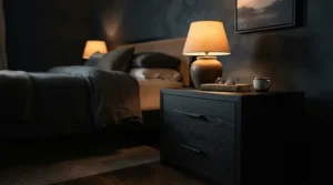 A sleek matte finish modern dresser for minimalist bedroom decor with minimalist brass handles.
