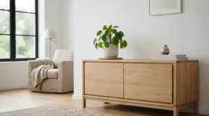 A natural ash wood modern dresser for minimalist bedroom decor with a small potted houseplant.
