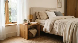 A low-profile modern dresser for minimalist bedroom decor paired with linen bedding and neutral tones.