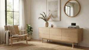 A light oak modern dresser for minimalist bedroom decor featuring clean lines against a white wall.