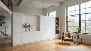 A handleless white modern dresser for minimalist bedroom decor in a sunlit airy loft space.