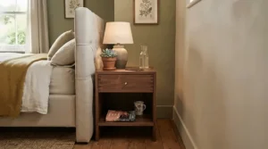 A narrow 2-drawer nightstand for small bedrooms tucked tightly into a cozy corner space.