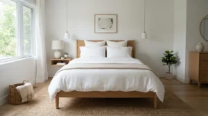Spacious queen hybrid mattress under $700 styled with crisp white bed linens