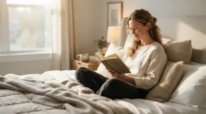 Woman relaxing and reading a book on a bed featuring a mattress topper to soften a firm mattress.