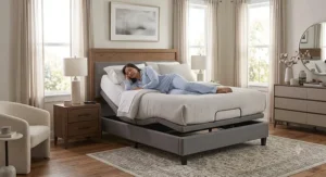 Person sleeping comfortably on their side on an elevated adjustable bed frame to prevent airway blockage