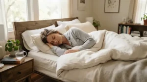 Side sleeper enjoying enhanced comfort from a mattress topper to soften a firm mattress.