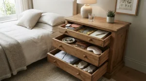 Practical small bedroom nightstand storage keeping reading glasses and novels neatly organized.