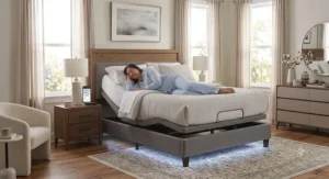 Smart adjustable bed base with under-bed LED lighting elevated in the anti-snore position