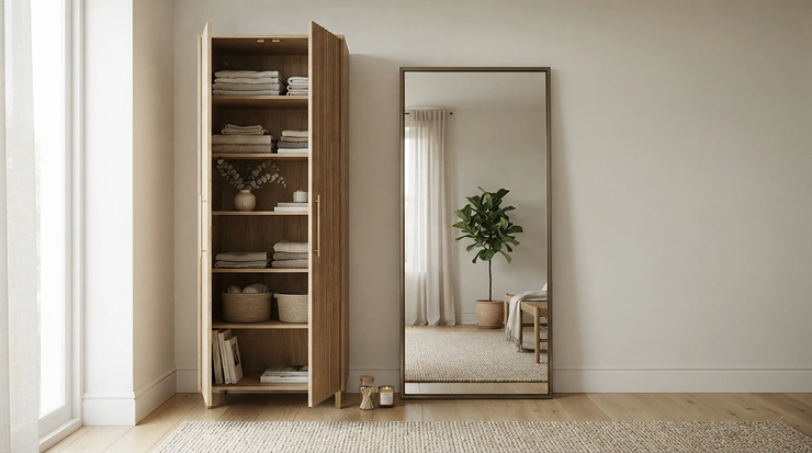 A stylish tall narrow dresser for closet-free bedrooms acting as the primary wardrobe storage unit.