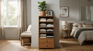A tall narrow dresser for closet-free bedrooms styled with modern decor in a rented city apartment.