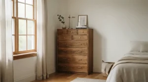 A tall narrow dresser for closet-free bedrooms placed neatly in the corner of a bright urban studio apartment.