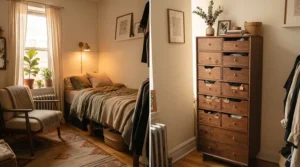 An example of vertical storage furniture featuring a tall narrow dresser for closet-free bedrooms against a neutral wall.