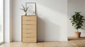 A sleek white tall narrow dresser for closet-free bedrooms featured in a minimalist interior design.
