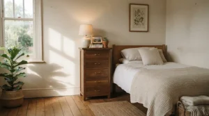 A tall narrow dresser for closet-free bedrooms providing essential drawer space in a cozy guest room.