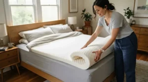 Person unrolling a thick mattress topper to soften a firm mattress during bedroom setup.
