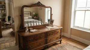 An antique-style dresser for farmhouse bedrooms featuring a matching arched mirror above.