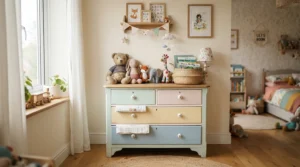 A painted vintage-style dresser for farmhouse bedrooms used in a rustic children's nursery.