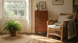 A compact vintage-style dresser for farmhouse bedrooms nestled in a sunlit bedroom corner.