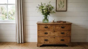 A distressed wood vintage-style dresser for farmhouse bedrooms styled with wildflowers in a glass vase.