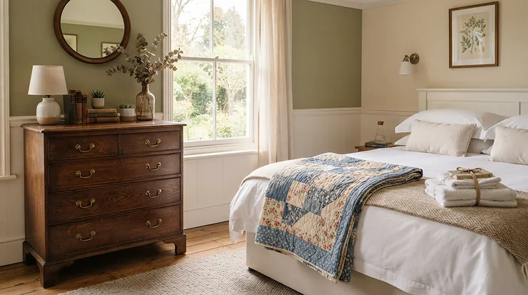 A welcoming guest room featuring a vintage-style dresser for farmhouse bedrooms and a knitted throw blanket.