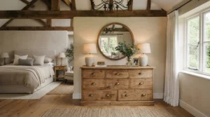 A spacious vintage-style dresser for farmhouse bedrooms placed against a neutral accent wall.