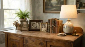 The top surface of a vintage-style dresser for farmhouse bedrooms arranged with framed family photos and books.