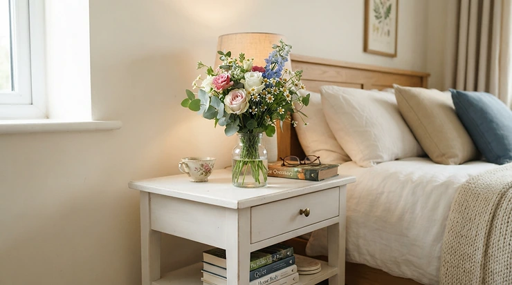 A bright white 2-drawer nightstand for small bedrooms accented with a fresh floral vase.