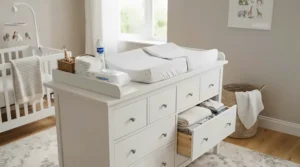 A classic white dresser for a nursery changing-table combo set against a board-and-batten accent wall.