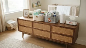 A wide dresser for a nursery changing-table combo providing ample top space for diapering essentials.