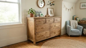 A warm wood dresser for a nursery changing-table combo showing deep drawers for baby room storage.