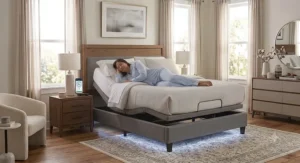 Adjustable bed base set to zero gravity position to relieve pressure and open airways for snoring relief
