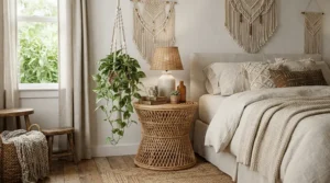 A boho-chic nightstand set of 2 for matching bedrooms decorated with woven rattan details.