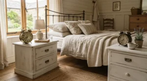 A farmhouse nightstand set of 2 for matching bedrooms featuring distressed white paint.