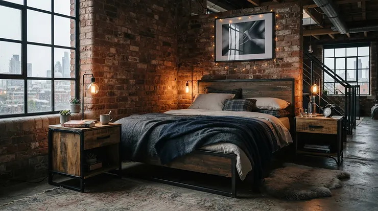 An industrial-style nightstand set of 2 for matching bedrooms in a brick-wall loft.