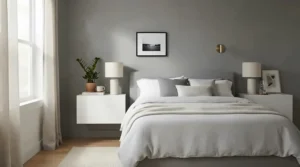 A minimalist nightstand set of 2 for matching bedrooms in a contemporary urban apartment.