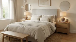 A nightstand set of 2 for matching bedrooms styled in a modern master suite with symmetrical lamps.