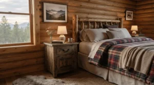 A rustic nightstand set of 2 for matching bedrooms positioned beside a reclaimed wood headboard.
