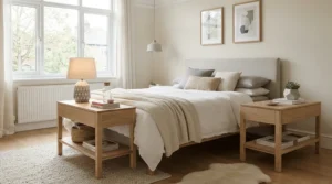 A Scandinavian-inspired nightstand set of 2 for matching bedrooms with light oak finishes.
