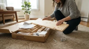A ready-to-assemble nightstand under $50 shown in its flat-pack shipping box during home setup.