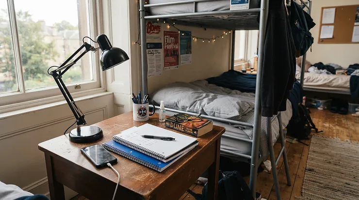 A functional nightstand under $50 holding study essentials in a neatly organized college dorm room.