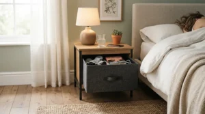 A convenient nightstand under $50 with a pull-out fabric drawer keeping bedside clutter hidden away.