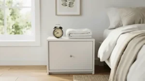A welcoming guest room featuring a clean white nightstand under $50 with a folded guest towel.