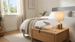 A sleek nightstand under $50 styled with a minimalist lamp and ceramic mug in a bright modern bedroom.