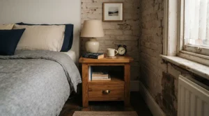 A compact nightstand under $50 fitting neatly beside a full-sized bed in a cozy urban apartment.