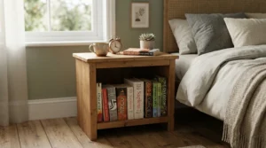 An affordable wooden nightstand under $50 featuring an open shelf for storing bedtime reading books.