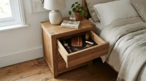 Open drawer of a rustic nightstand with charging station and USB ports storing daily accessories.
