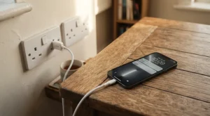 Close-up of a nightstand with charging station and USB ports powering a smartphone on the top surface.
