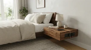 A sleek nightstand with charging station and USB ports placed beside a neatly made bed in a contemporary apartment.